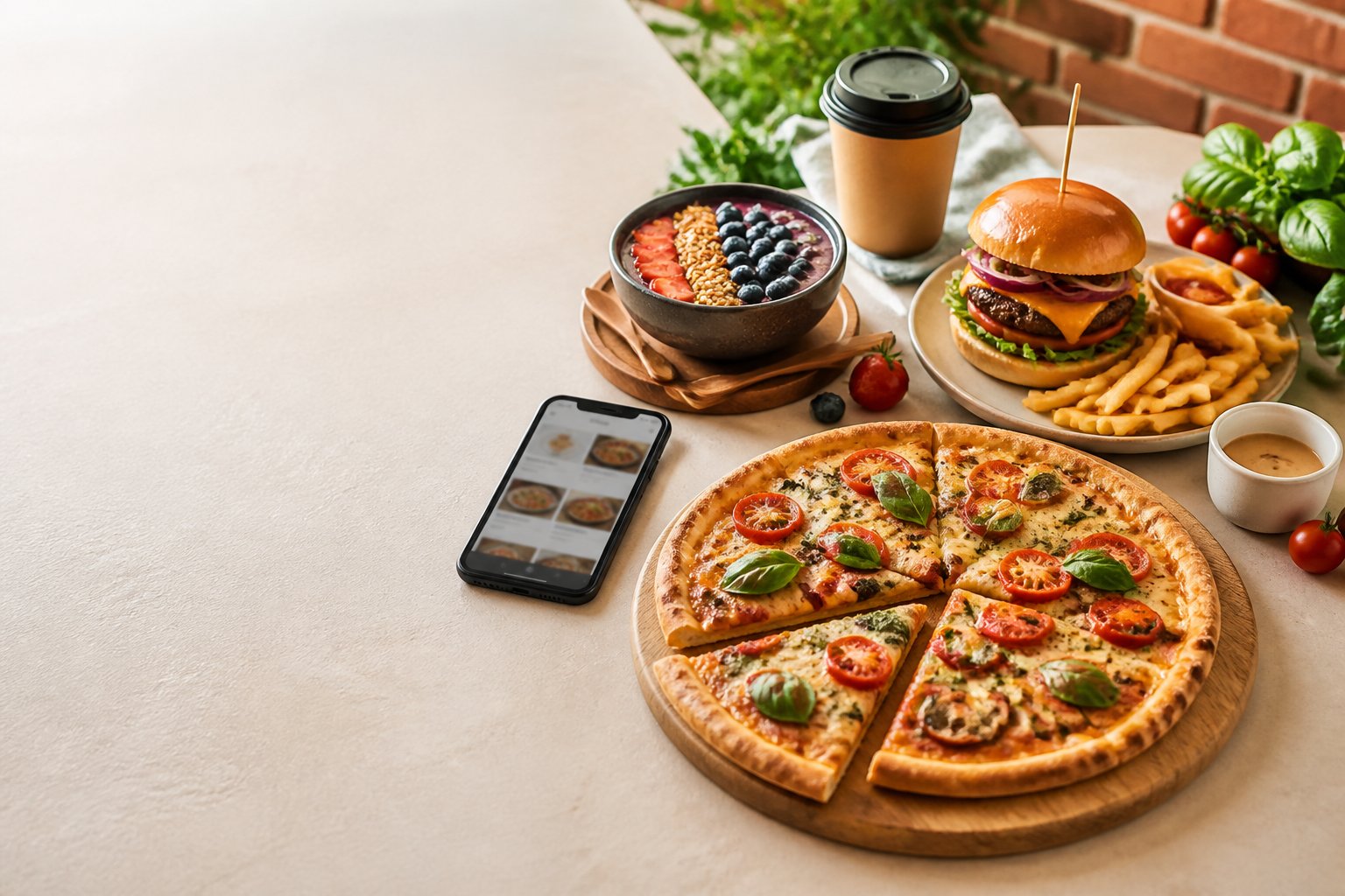 Mesa com hambúrguer, batatas, pizza e açaí com frutas