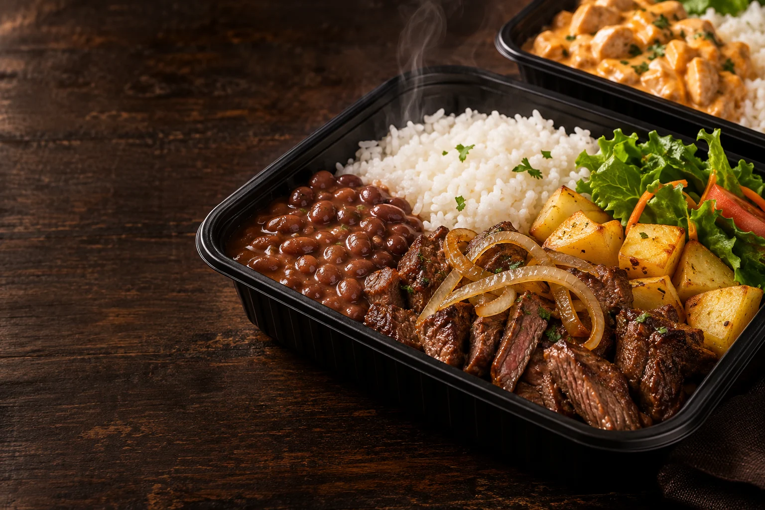 Arroz, feijão e carne com acompanhamentos