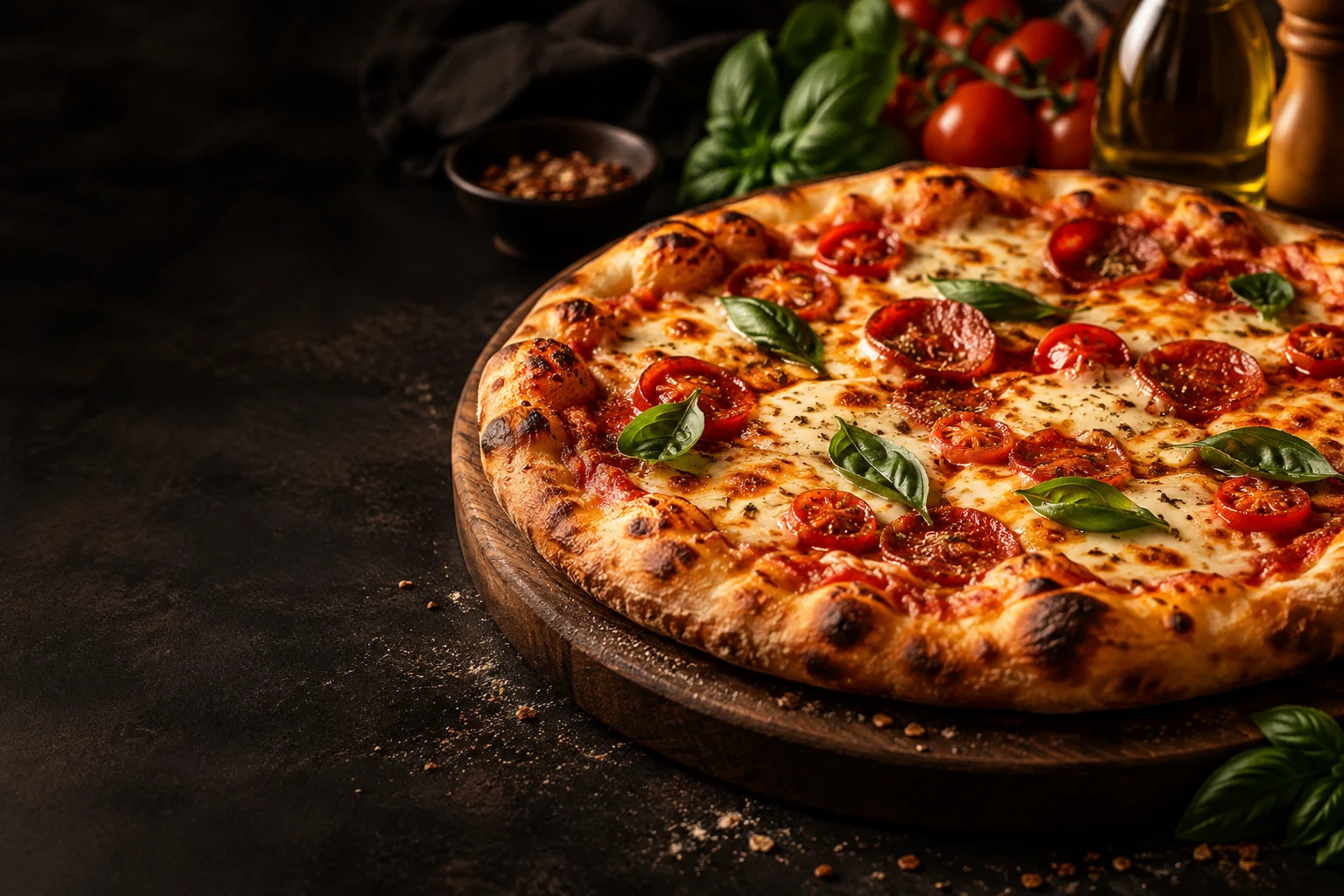 Pizza dourada com queijo, tomate e manjericão